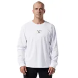 Remera blanca de manga larga con estampado pequeño en el pecho.