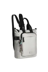 Mochila bolso color beige con detalles en negro, doble asa de mano y tiras traseras ajustables.