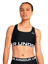 Top deportivo de mujer Under Armour, color negro, con escote cuadrado y tirantes anchos. Presenta una banda elástica inferior con el logo de la marca en blanco.