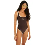 Malla entera marrón con cuello cuadrado y ribete blanco. Estampado con el logo de Farm Rio en el pecho.