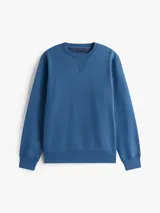 Buzo azul de cuello redondo marca Tommy Hilfiger, con logo bordado en el pecho.