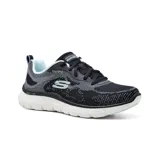 Championes deportivos Skechers Flex Appeal 5.0, color negro con detalles en celeste y blanco. Capellada de tejido knit, cordones, plantilla Air-Cooled Memory Foam y suela Flex Lite.