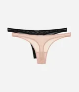 Kit de dos bombachas tipo tanga confeccionadas en tul con purpurina, con laterales finos y cobertura mínima en la parte posterior.