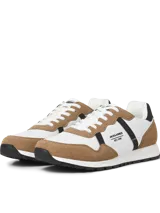 Championes urbanos Jack & Jones, color blanco con detalles en marrón y negro. Presentan superposiciones de diferentes materiales, logo de la marca en el lateral y suela de goma.