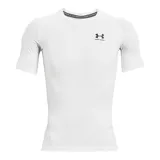 Remera blanca de Under Armour, modelo HeatGear, de corte ajustado y mangas cortas. Presenta el logo de la marca en el pecho y tecnología HeatGear para mantener la frescura y sequedad.