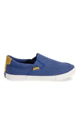 Championes de tela azul marino sin cordones, con suela blanca y detalle amarillo en el talón.