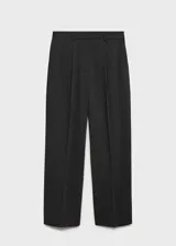 Pantalón de vestir gris con pinzas, tiro medio, diseño recto y largo.