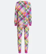 Pijama largo de poliéster con estampado de cuadros multicolores, puños ajustados de canalé, cuello redondo y bolsillo en el pecho.