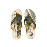 Ojotas Rider con base estampada en tonos beige, verde y amarillo, con tiras de goma verde oscuro.