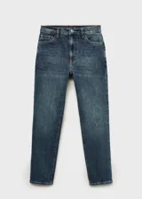 Pantalón de jean azul de tiro alto, corte slim fit y largo cropped.