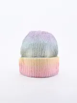 Gorro de lana tejido a crochet, con degradé de colores pastel: lila, celeste, amarillo y rosa.
