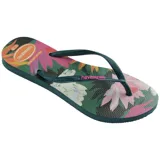 Ojotas Havaianas Slim Summer Bliss con base color crema y estampado de motivos playeros y florales en tonos pastel. Tiras finas color beige con logo de la marca.