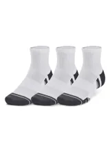 Pack de tres pares de medias deportivas unisex Under Armour Performance Tech, corte tobillero, en color blanco, gris y negro.
