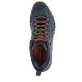 Zapatillas de senderismo Merrell Intercept de cuero azul con cordones naranjas y suela Vibram.