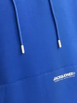 Canguro azul eléctrico con capucha y cordones ajustables, bolsillo tipo canguro y logo estampado en el pecho.
