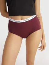 Bombacha de talle alto color borgoña, con cintura elástica blanca con logo de Calvin Klein.