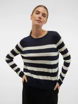 Sweater de punto a rayas horizontales azul marino y blanco, de calce regular, cuello redondo y puños acanalados.