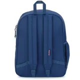 Mochila Jansport azul marino con un compartimento principal, bolsillo frontal con cierre, bolsillo lateral de malla para botella de agua y funda interna acolchada para laptop de 15 pulgadas.
