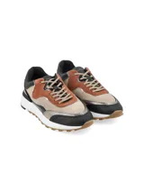 Zapatillas urbanas de cuero color beige, marrón y negro, con detalles metalizados y suela blanca.