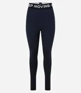 Calza deportiva azul con cintura elástica con texto 'Keep Moving'.