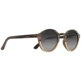 Lentes de sol con montura redonda de madera con detalles en marrón oscuro y claro.