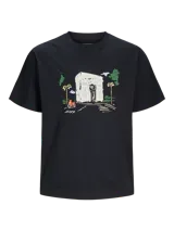 Camiseta negra de manga corta y cuello redondo con estampado del Arco del Triunfo en París.