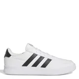 Zapatillas de cuero blanco con detalles en negro y diseño clásico de tres franjas.