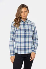 Camisa de algodón a cuadros con dos bolsillos en el pecho, botones a presión y spandex.