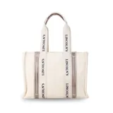 Bolso tipo tote bag color crudo con estampado del logo "Lincoln's" en negro. Tiene detalles en símil cuero negro en las asas y en la base.