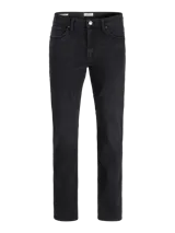 Jean negro de corte tapered fit, tiro regular, cinco bolsillos y cierre de cremallera. Confeccionado en tejido de sarga con mezcla de algodón, poliéster, lyocell, viscosa y elastano.