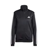 Campera deportiva Adidas de tricot color negro con cierre frontal completo, cuello alto, bolsillos laterales y las tres tiras blancas características de la marca en las mangas.