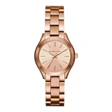 Reloj Michael Kors modelo Slim Runway, color oro rosa, con caja de acero inoxidable de 33mm, cristal mineral y cierre desplegable.