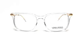 Armazón de acetato transparente con detalles dorados en las bisagras y patillas.