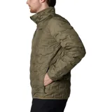 Campera Columbia para hombre, modelo Delta Ridge II Down, color verde oliva. Cuenta con tecnología termorreflectante Omni-Heat™, HeatSeal™ y Omni-Shield™. Aislamiento de plumón de 650 fill power.