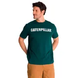 Remera gris jaspeado de manga corta con cuello redondo y logo de Caterpillar estampado en el pecho.