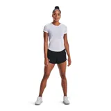 Short deportivo Under Armour Fly By Elite 3, color blanco, con cintura elástica, logo reflectivo y paneles laterales de malla.
