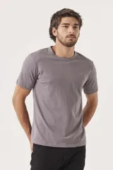 Remera gris de corte clásico con cuello redondo y mangas cortas.