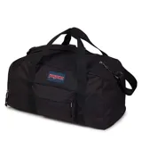 Bolso duffel JanSport Weekender mediano, color negro, con doble asa de mano y correa de hombro ajustable. Incluye bolsillo frontal con cierre y logo de la marca bordado.