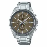 Reloj Casio Edifice con caja y pulsera de acero plateado, esfera marrón con cronógrafo y calendario.