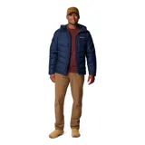 Campera puffer azul marino para hombre, marca Columbia, modelo Labyrinth Loop II. Cuenta con capucha ajustable con cordón, cierre frontal completo, bolsillos con cierre en pecho y manos, puños elásticos y dobladillo ajustable con cordón. Forro con tecnología Omni-Heat Infinity y aislamiento Thermarator de poliéster reciclado.