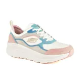 Championes Skechers Relaxed Fit D'Lux Walker Infinite Motion, color blanco con detalles en rosa, celeste y gris. Capellada de cuero y malla, con cordones y plantilla Air Cooled Memory Foam. Suela de goma flexible y entresuela Skech-Foam para mayor amortiguación.