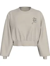 Buzo color beige de corte boxy, con cuello redondo, puños y ruedo acanalados. Presenta el logo de Calvin Klein Jeans bordado en el pecho.