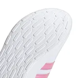 Championes Adidas Lite Racer 4.0 de mujer, color blanco con detalles en rosa. Capellada de malla transpirable con las tres tiras clásicas de Adidas en los laterales. Entresuela Cloudfoam para mayor amortiguación y comodidad.