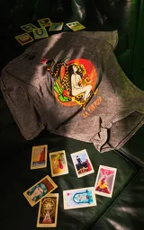 Remera gris con efecto lavado, corte holgado y estampa frontal con una mujer abrazando un leopardo, rodeada por una serpiente y hojas, con la leyenda 'La Fuerza'.