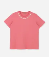 Blusa rosa de algodón con cuello redondo y aplicación de perlas artificiales y strass.