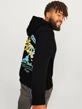 Hoodie negro de manga larga, corte amplio plus size, con capucha, bolsillo canguro y estampa en la espalda con el texto "Sun Moon".