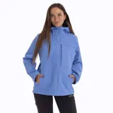 Campera impermeable Merrell Minnesota Hard Shell color celeste, con capucha ajustable, cierre frontal con cremallera, bolsillos laterales con cierre y logo de la marca en el pecho. Fabricada con nylon reciclado y tecnología impermeable 5K/5K.