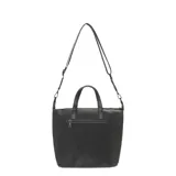 Cartera tipo tote bag negra, con doble asa corta y correa larga desmontable y ajustable. Tiene un bolsillo con cierre en el frente, otro en la parte posterior y dos bolsillos internos, uno con cierre.