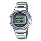 Reloj Casio Casiotron plateado con pantalla digital azul y pulsera de acero inoxidable.
