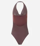 Body marrón de tule con escote drapeado, frente única y espalda descubierta.